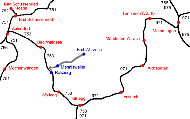 Übersichtkarte der Strecke Roßberg - Bad Wurzach.