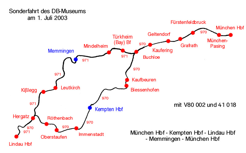 Fahrweg des Sonderzugs von München nach Lindau und zurück. Hinfahrt über Kempten, Rückfahrt über Memmingen (01.06.2003).