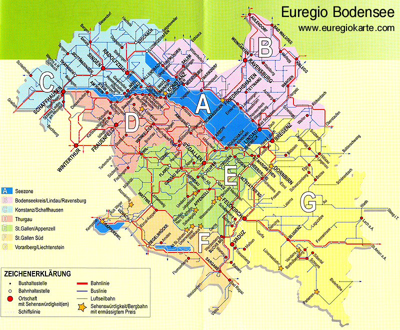 Zonenplan der Tageskarte Euregio Bodensee (Mit freundlicher Genehmigung der Geschäftsstelle Tageskarte Euregio Bodensee. Weitere Informationen unter www.euregiokarte.com ).
