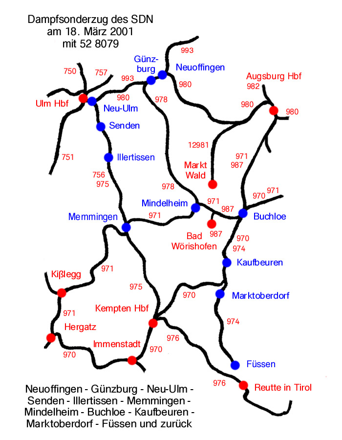 Die Die interessante Fahrtroute des Ludwig-Expreß am 18. März 2001 von Neuoffingen nach Füssen und zurück. Die Lok mußte auf der Hin- und Rückfahrt je dreimal umsetzen, nämlich in Neu-Ulm, Memmingen und Buchloe. 